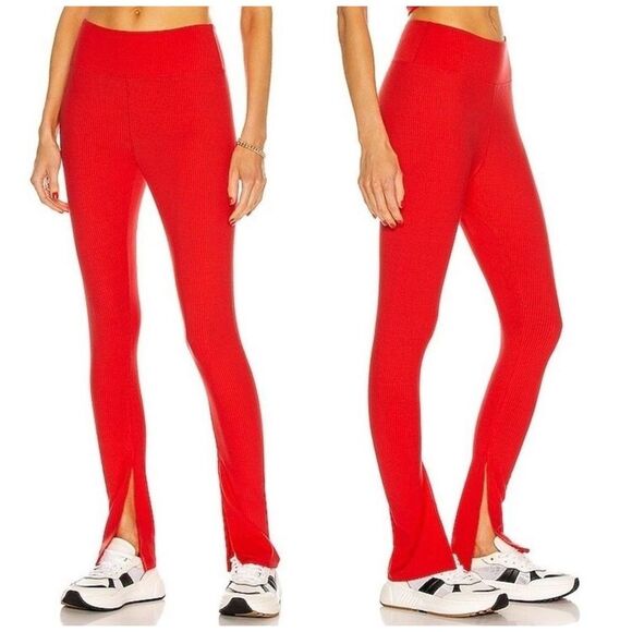 Year of Ours Pants - Year of Ours 9 to 5 Ribbed Slit Hem Legging in Red | Small